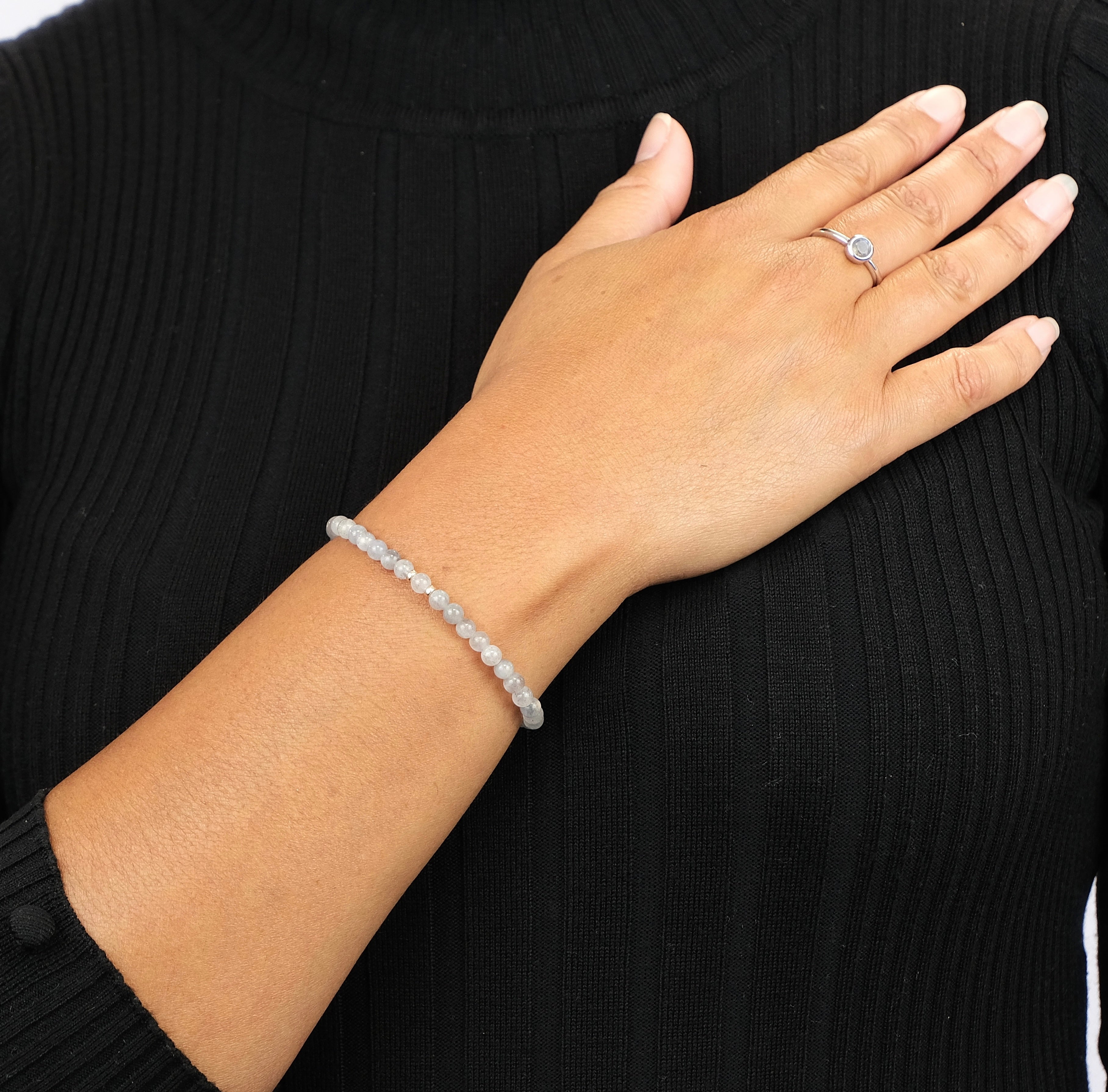 labradorite bracelet 4mm gemstones being worn with silver accents