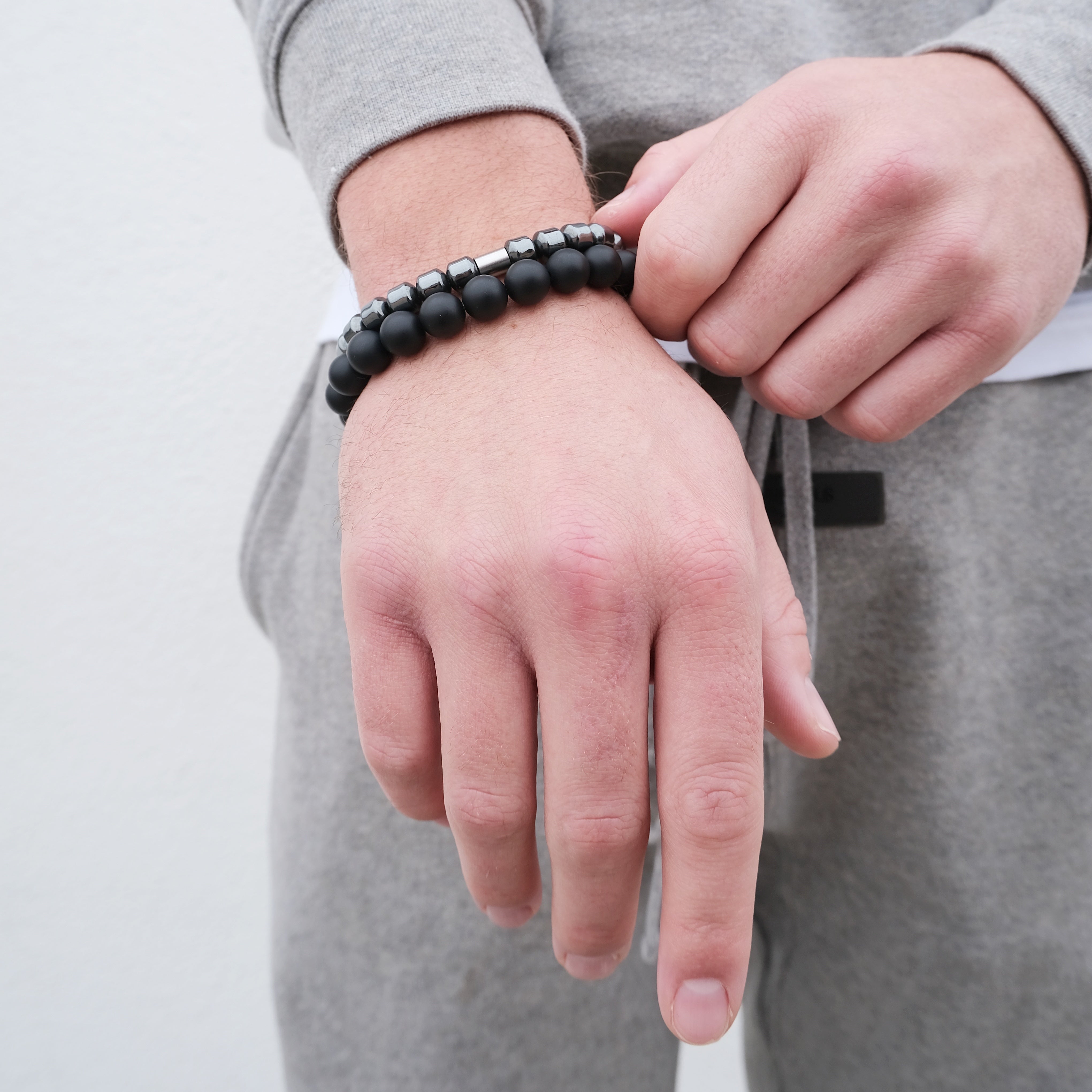 Matte Onyx and hematite drum bead gemstone bracelets