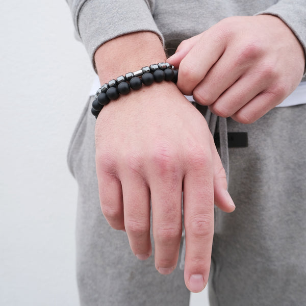 Matte Onyx and hematite drum bead gemstone bracelets