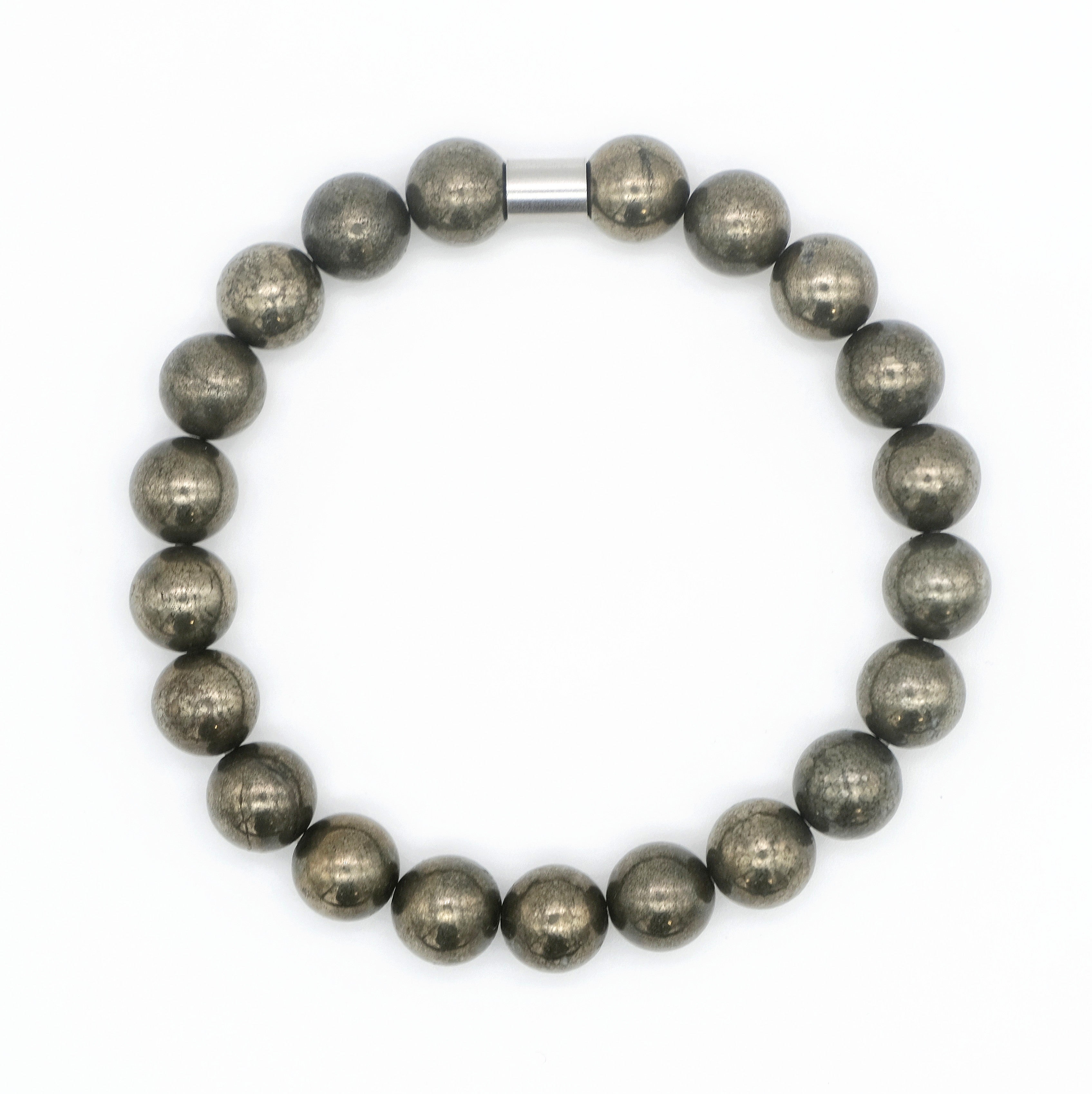 pyrite gemstone bracelet in 10mm beads with stainless steel column bead from above