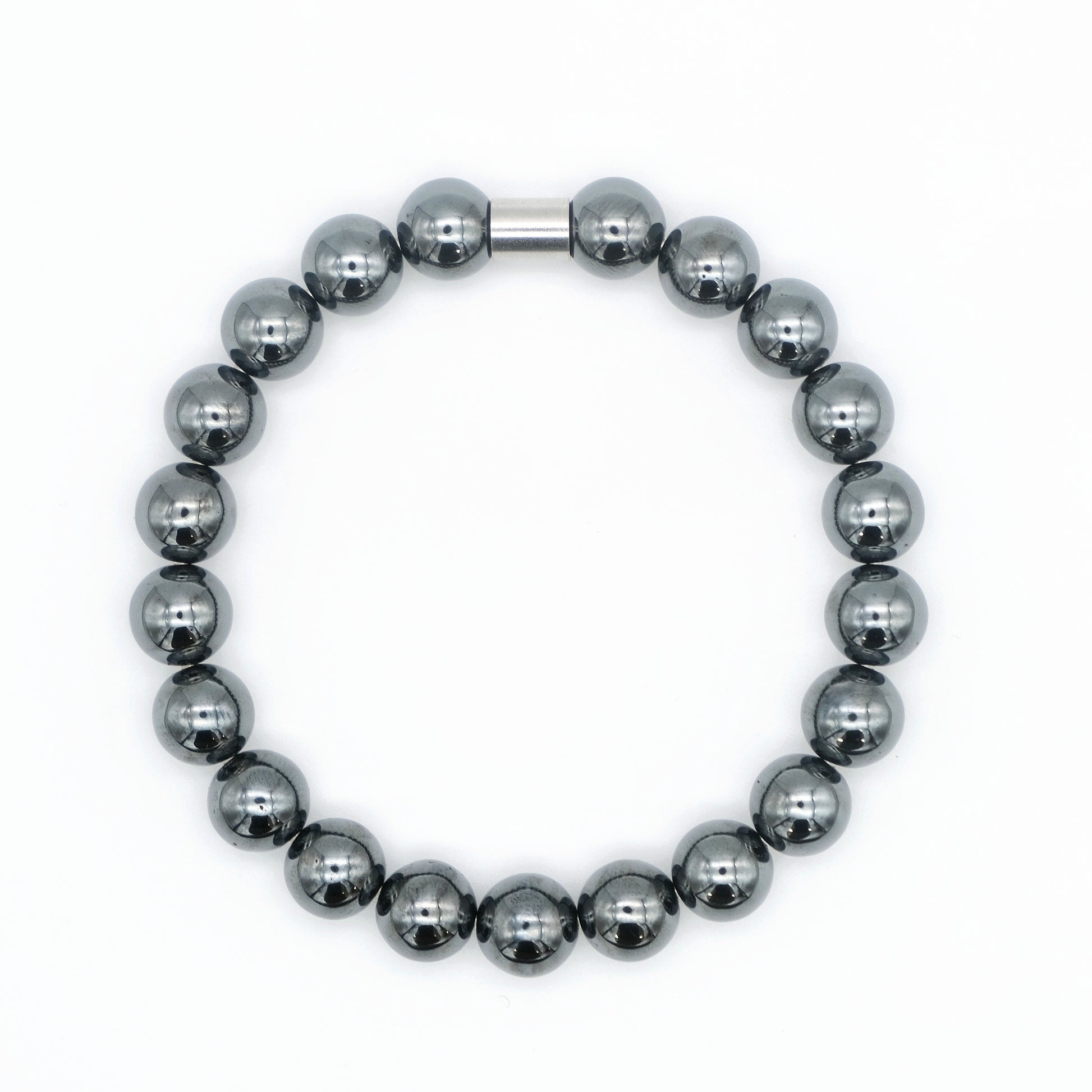 hematite gemstone bracelet in 10mm beads with steel accessory from above