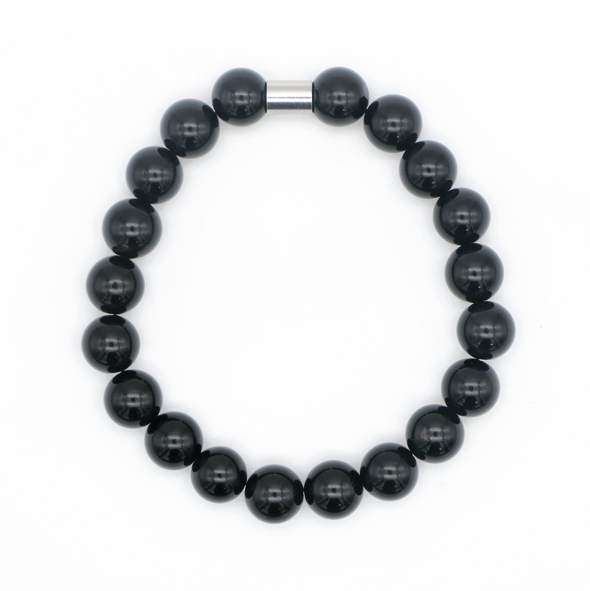 onyx gemstone bracelet in 10mm beads with stainless steel accessory from above