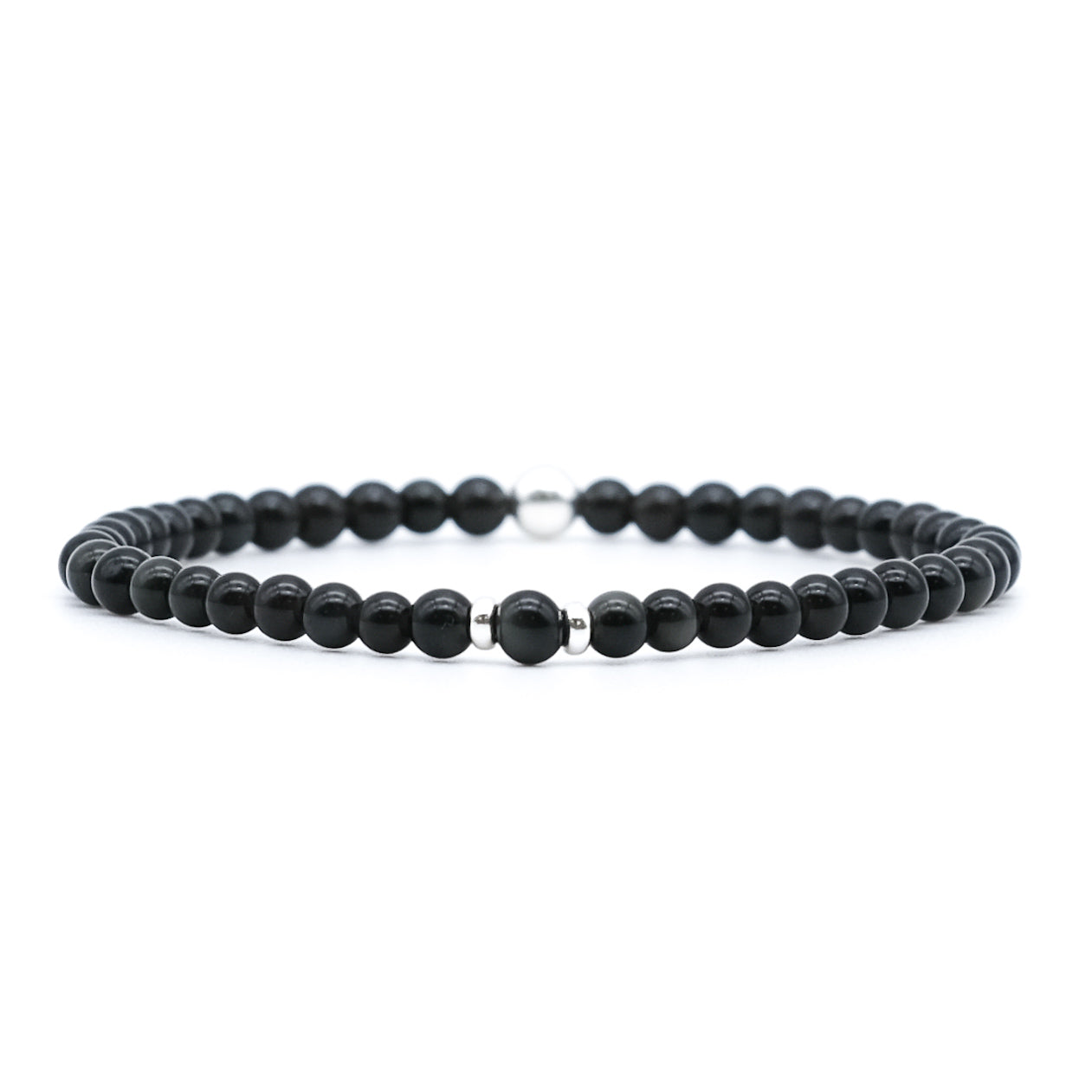 A Black obsidian gemstone bracelet in 4mm beads with silver accessories