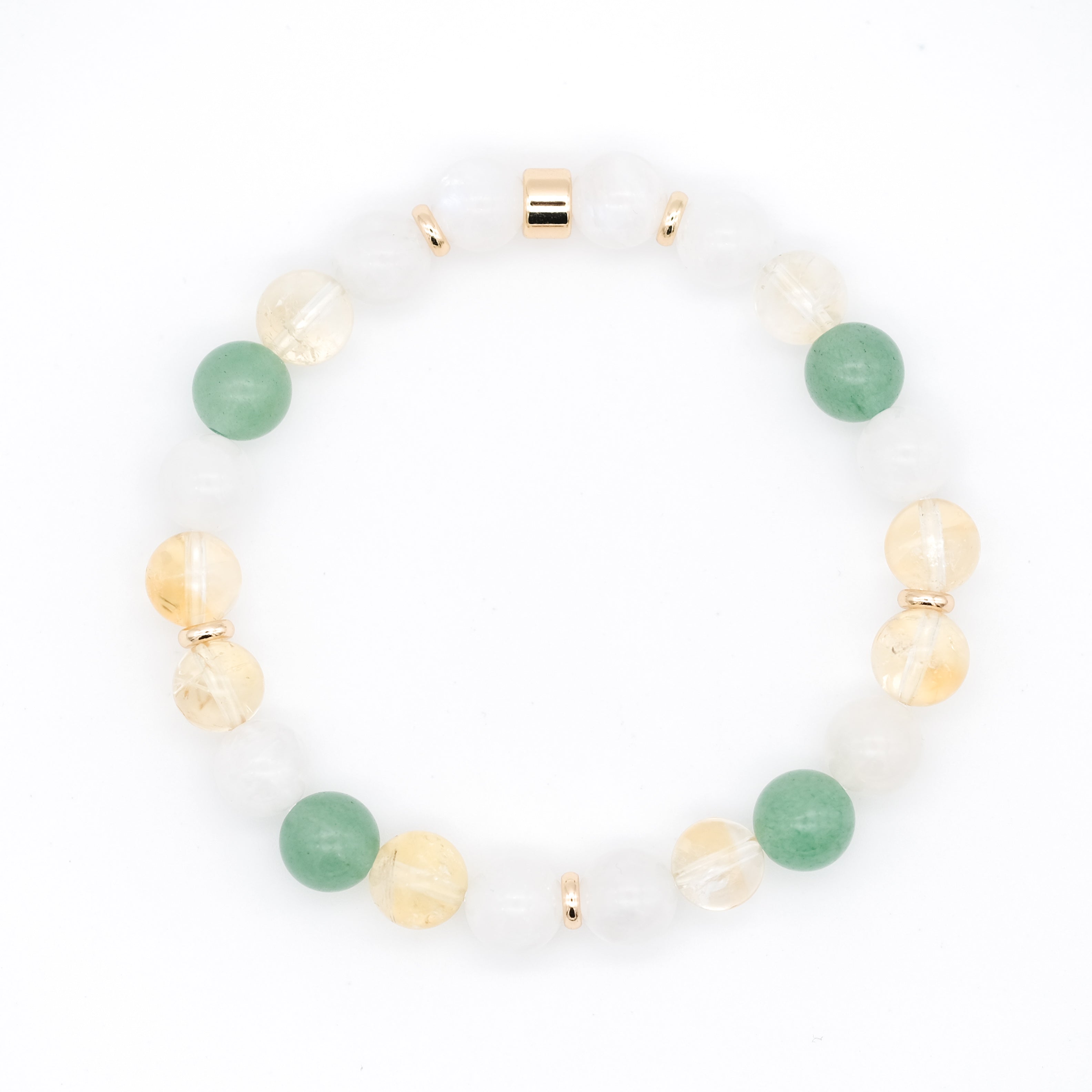 An aventurine, moonstone and citrine gemstone bracelet with gold accessories from above