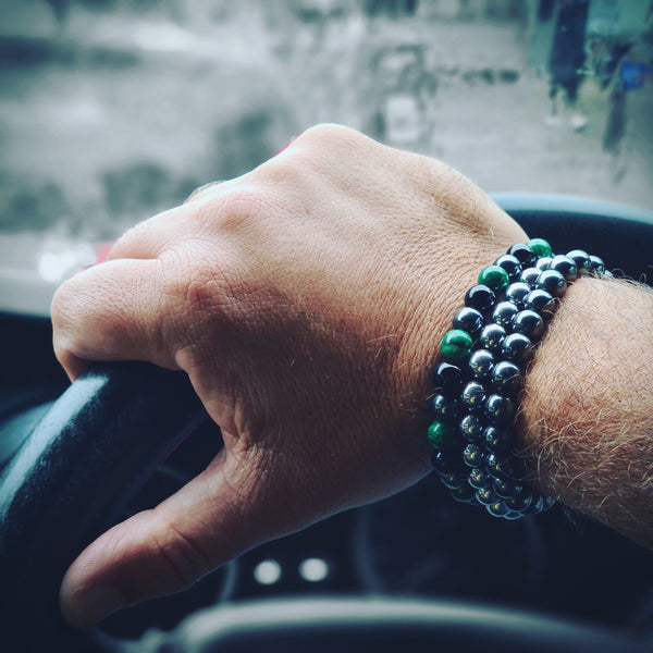 MALACHITE HEMATITE AND ONYX ENERGY GEMSTONE BRACELET