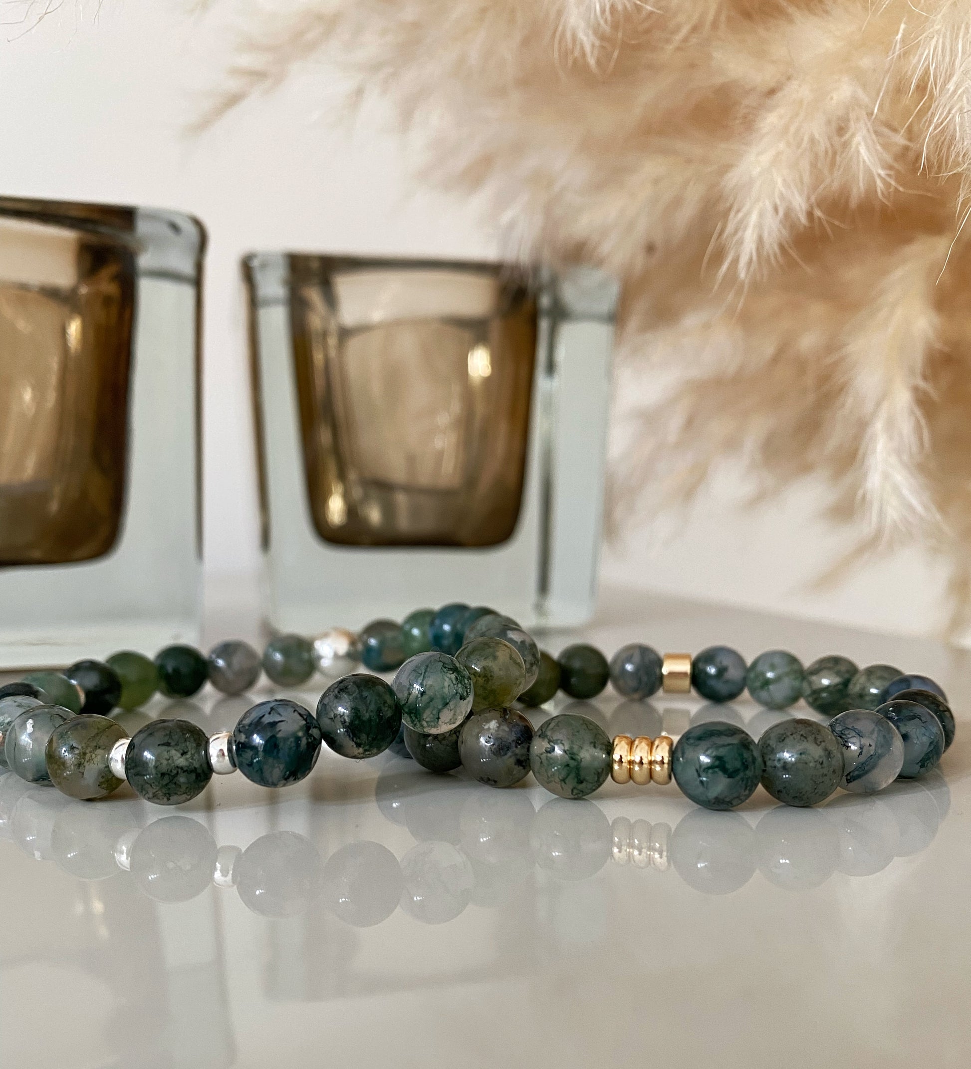 Moss Agate bracelets in gold and 925 silver