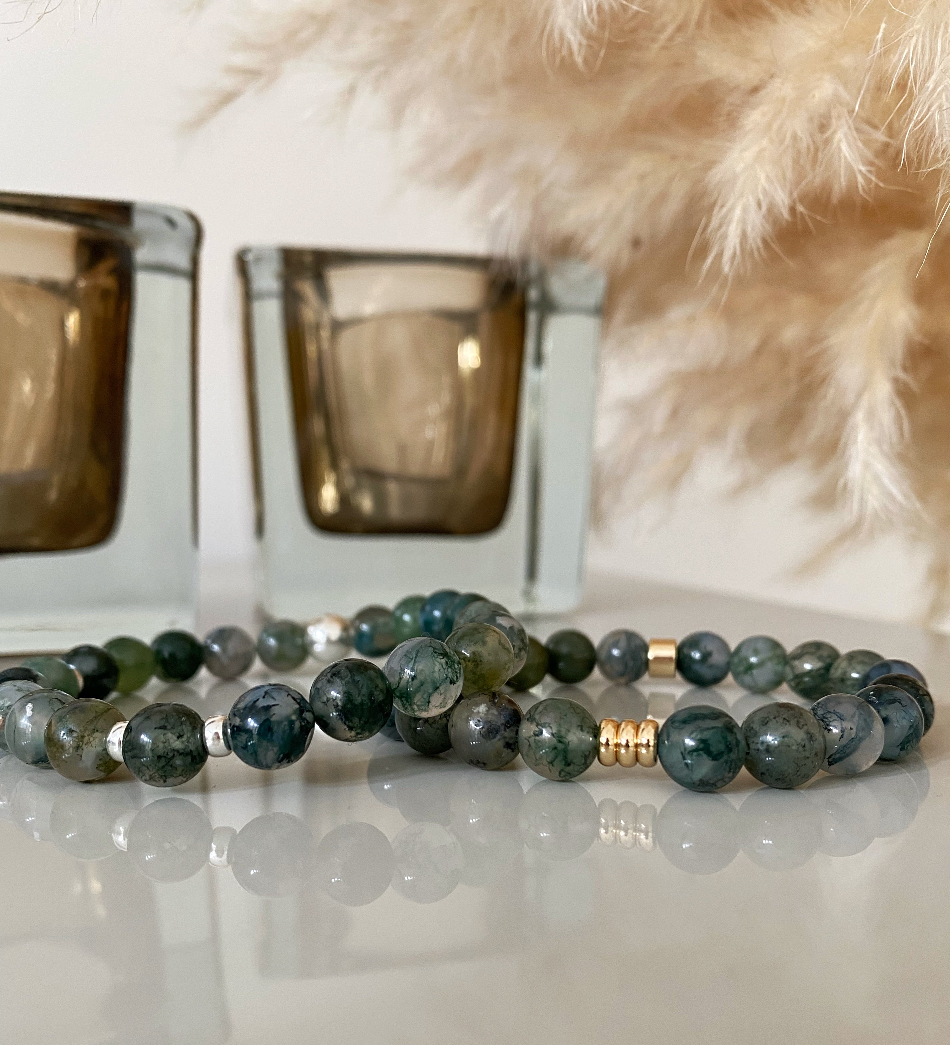Two Moss Agate Bracelets with 925 Silver and 18ct Gold Plated 