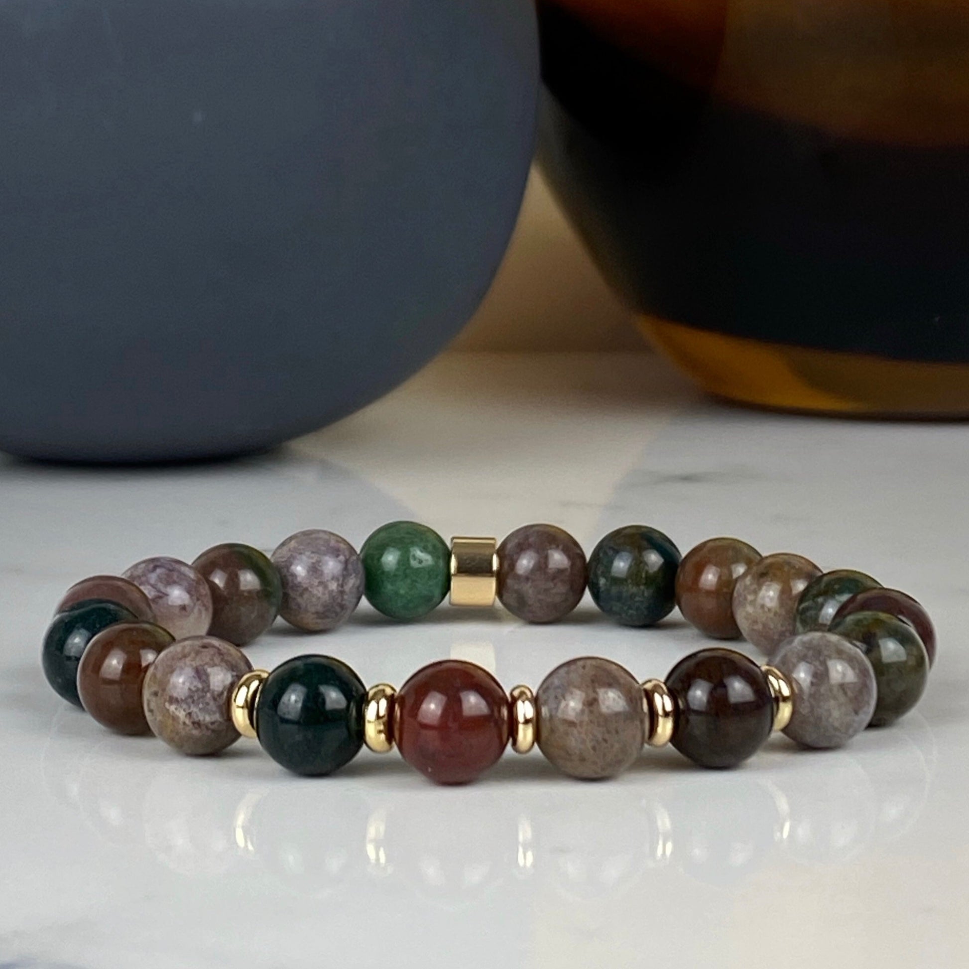 Indian Agate gemstone bracelet with 18ct gold plated accessories