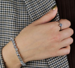 A model wearing Labradorite minimal circle gemstone ring in silver