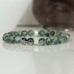 Moss agate gemstone bracelet in 6mm beads with silver accessories