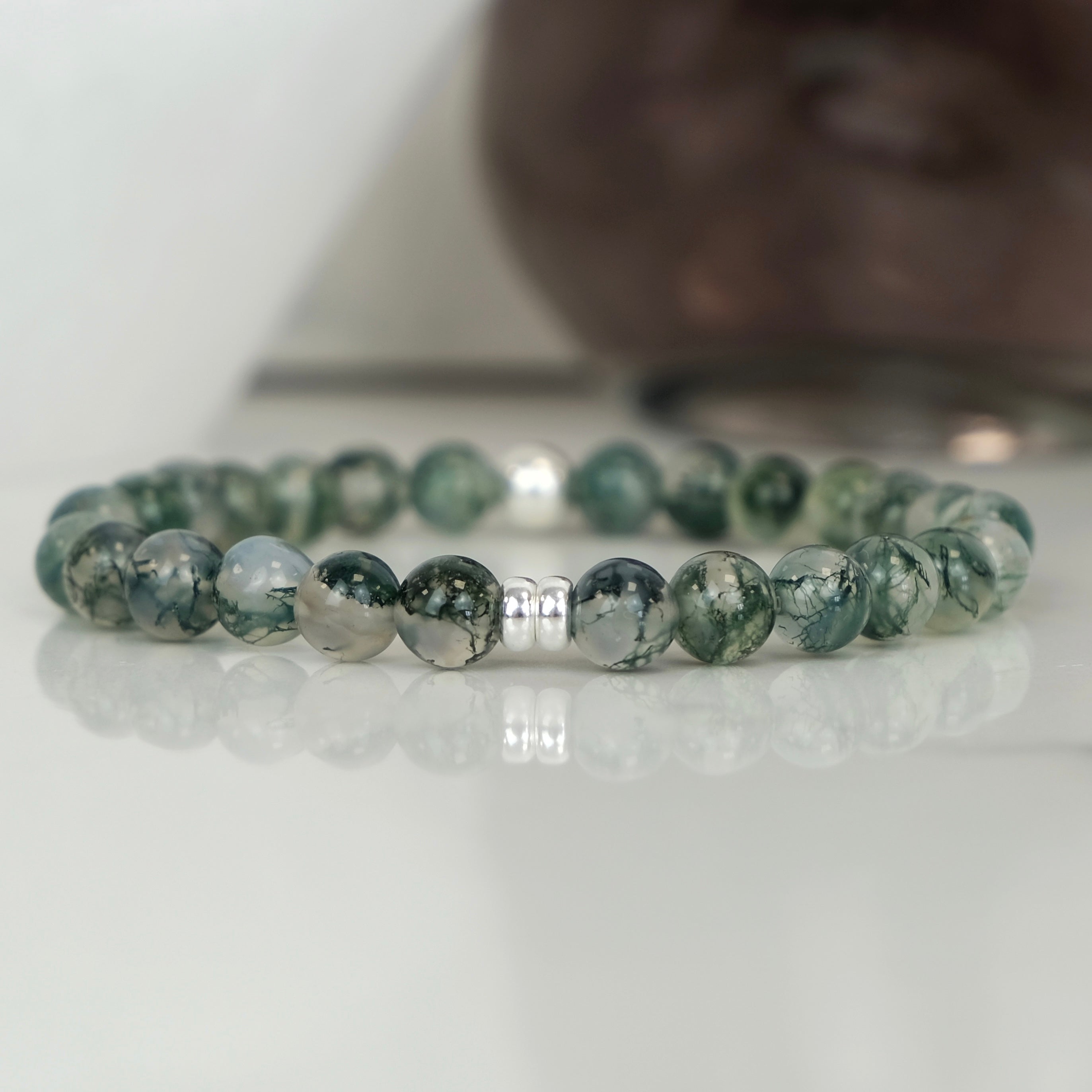 Moss agate gemstone bracelet in 6mm beads with silver accessories