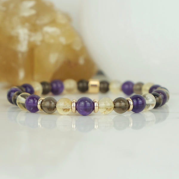 6MM AMETHYST, CITRINE & SMOKY QUARTZ ENERGY GEMSTONE BRACELET