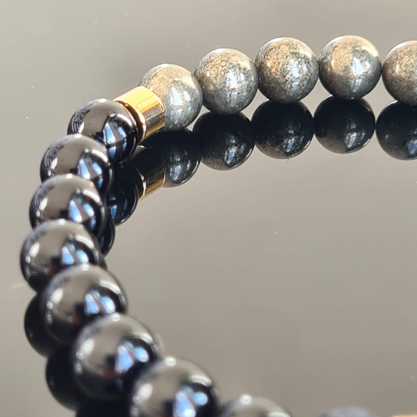 ONYX, PYRITE AND LAVA STONE ENERGY GEMSTONE BRACELET